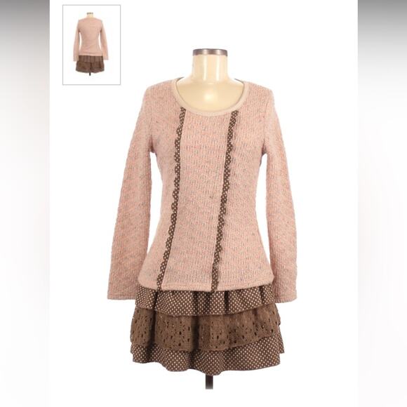Tian Xin Ny Hai Pink brown polka dot ruffled drop waist sweater dress, size med - Picture 1 of 9